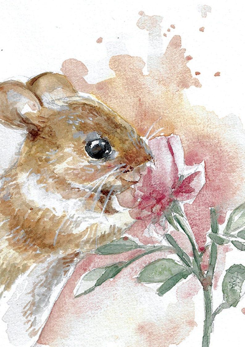 Field Mouse Hand Painted Watercolor Illustration Limited Fine Art Print Mouse Rodent Cute Pink Animal Poster image 2