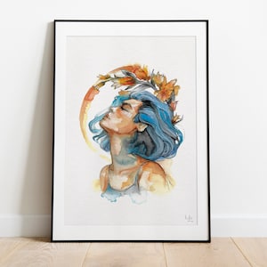 Summer - Handgemalte Aquarell Illustration | Limited Fine Art Print | Sommer Blau Gelb Happy Fröhlich Blumen Floral Frau Tropisch Urlaub