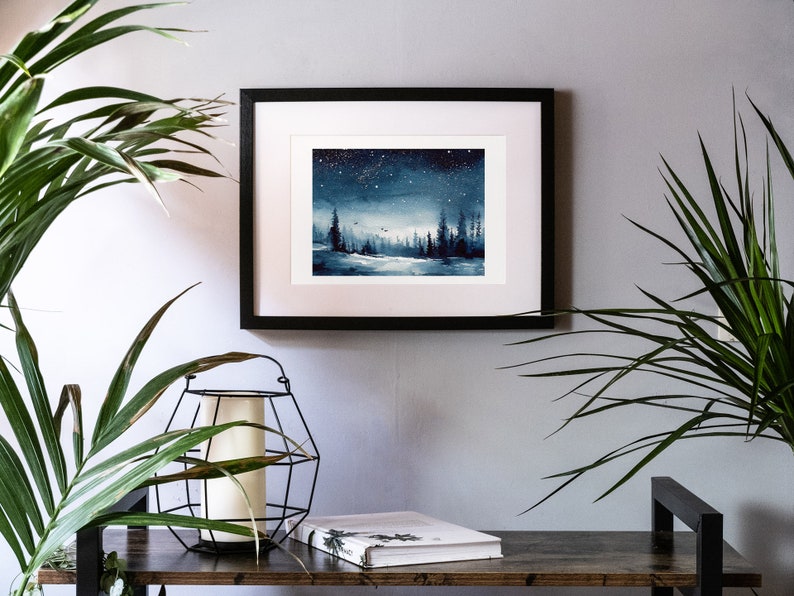 Night landscape Hand-painted watercolor painting Fine Art Print Nature Starry sky landscape painting night snow forest watercolor landscape image 5