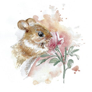 Field Mouse Hand Painted Watercolor Illustration Limited Fine Art Print Mouse Rodent Cute Pink Animal Poster image 3