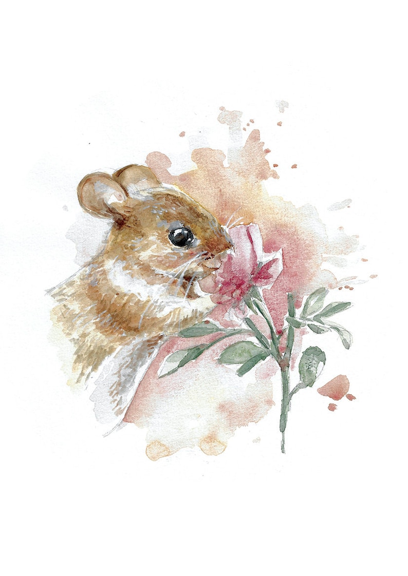 Field Mouse Hand Painted Watercolor Illustration Limited Fine Art Print Mouse Rodent Cute Pink Animal Poster image 3
