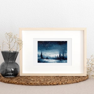 Night landscape Hand-painted watercolor painting Fine Art Print Nature Starry sky landscape painting night snow forest watercolor landscape image 6