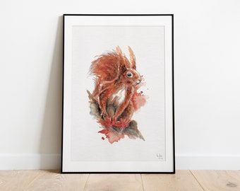 Squirrel - Handpainted Watercolor Illustration | Limited Fine Art Print | Cute Animal Poster Autumn Red Orange Gift