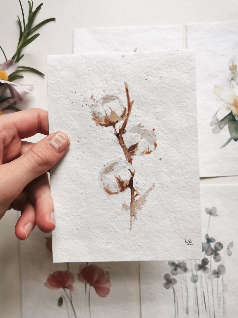 5 Botanical Postcards on Flower Seed Paper Handpainted Watercolor Illustration Print eco-friendly Flower Poppy Eucalyptus Cotton image 4