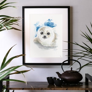 Baby Robbe - Handgemalte Aquarell Illustration | Limited Fine Art Print | Maritim Meer Schnee Eis Winter Tierbaby