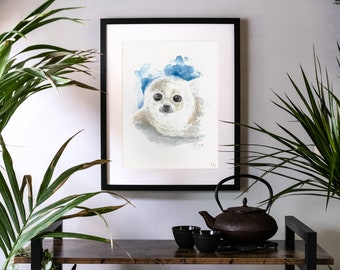 Cute Baby Seal - Handpainted Watercolor Illustration | Limited Fine Art Print | ocean snow winter ice animal painting gift sealife