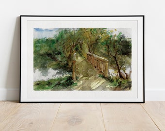 Pond Bridge - handpainted watercolor landscape | limited fine art print | illustration | forest poster | gift | nature plein-air greenery