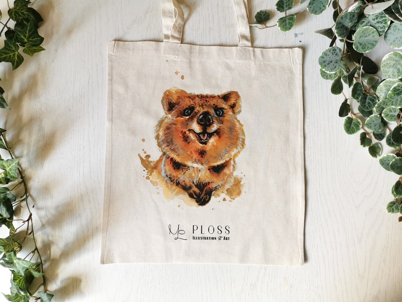 100% cotton bag with cute watercolor animals with high-quality DTF print Bee Squirrel Quokka Otter Fox long handle image 1