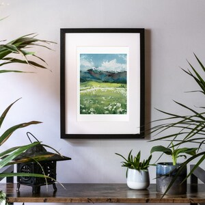 Wiesen und Berglandschaft Handgemaltes Aquarellbild Fine Art Print und Original Landschaftsmalerei Sommer Natur Blumenwiese Bergwiese Bild 4