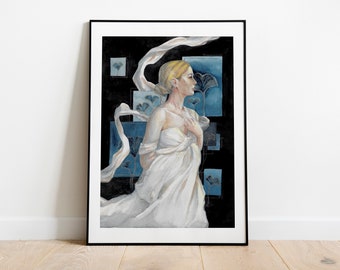 Wayfarer - Handpainted Watercolor Illustration | Limited Fine Art Print | mindfulness soothing calm gingko woman blue gold black white dress