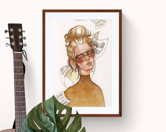 Musical Smile - fine art print | watercolor illustration | limited wall art | music poster | gift |  notesheets girl painting retro musician