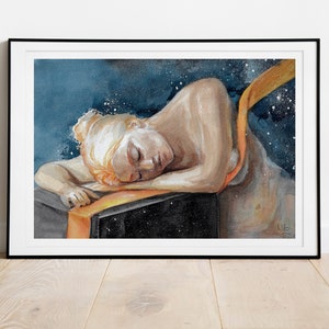 Dreamer - Handgemalte Aquarell Illustration | Limited Fine Art Print | Sterne Universum Ruhig Nacht Schlaf Traum Blau Orange Frau Geschenk