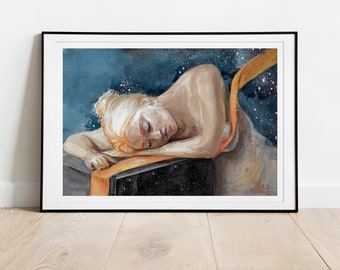 Dreamer - Handpainted Watercolor Illustration | Limited Fine Art Print | woman universe stars galaxy blue night calm bedroom nightsky