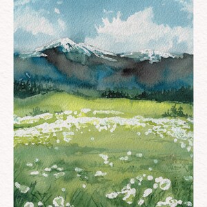 Wiesen und Berglandschaft Handgemaltes Aquarellbild Fine Art Print und Original Landschaftsmalerei Sommer Natur Blumenwiese Bergwiese Bild 2