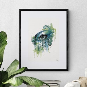 Jungle Eye - Handgemalte Aquarell Illustration | Limited Fine Art Print | Botanisch Grün Blau Pflanzenliebhaber Seele Auge Frau Natur