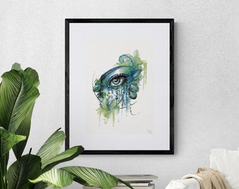 Jungle Eye - Handpainted Watercolor Illustration | Limited Fine Art Print | Botanical Eye Soul Calm Nature Green Plantlover Woman Blue