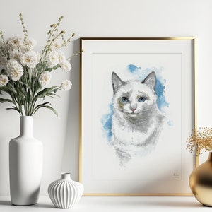 Weiße Katze - Handgemalte Aquarell Illustration | Limited Fine Art Print | Niedliches Tier Poster Haustier Geschenk Katzenbesitzer Cute Cat