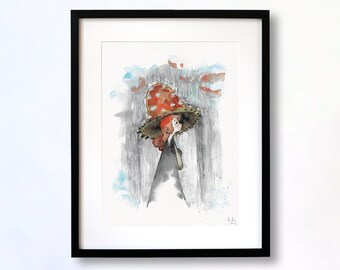 Umbrella - fine art print | watercolor illustration | wall art | home decor | floral poster | giclee | boho | gift | cute girl mushroom fall