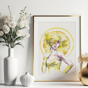 Lemon - Handgemalte Aquarell Illustration | Limited Fine Art Print | Geschenk | Frau Zitrone Gelb Limette Fröhlich Vintage Küchendeko Retro