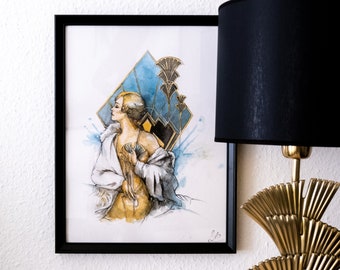 Art Déco - Handpainted Watercolor Illustration | Limited Fine Art Print | gift | vintage retro woman gatsby glamour gold blue 1920s