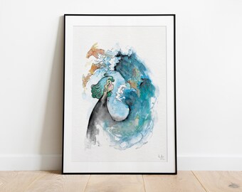 Healing - Handpainted Watercolor Illustration | Limited Fine Art Print | Ocean Maritim Girl Dreamy Cute Blue Fish Nursery Wave Selfcare