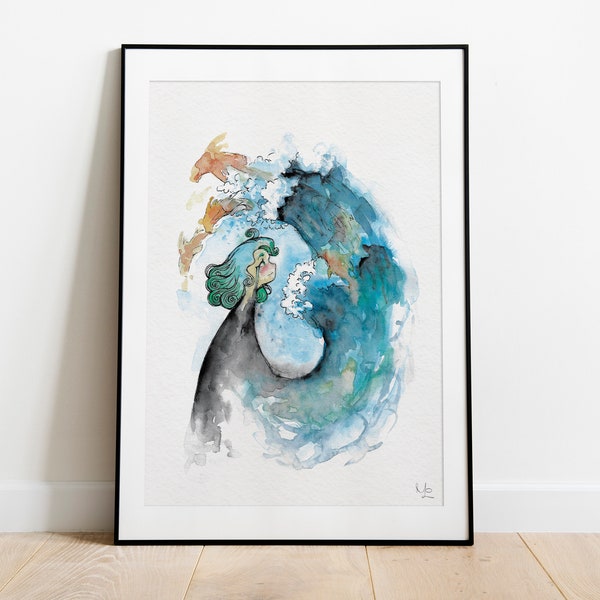 Heilung - Handgemalte Aquarell Illustration | Limited Fine Art Print | Meer Mädchen Verträumt Wasser Kinderzimmer Blau Welle Watercolor