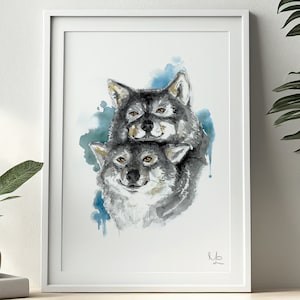 Wölfe - Handgemalte Aquarell Illustration | Limited Fine Art Print | Hunde Tierliebhaber Niedlich Husky Grau Blau Geschenk