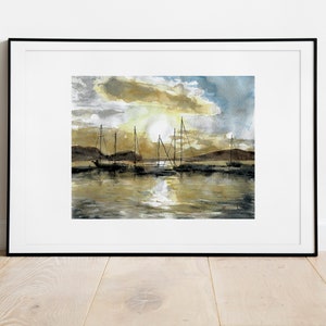 Boote bei Sonnenuntergang - Handgemaltes Aquarellbild | Limitierter Fine Art Print | Hafen | Maritim | Geschenk | Landschaftsmalerei Schiffe