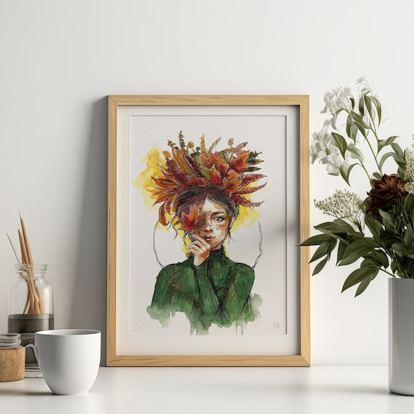 Autumn - Handgemalte Aquarell Illustration | Limited Fine Art Print | Geschenk | Frau Jahreszeit Herbstlich Blätter Gemütlich Cozy Grün Gelb