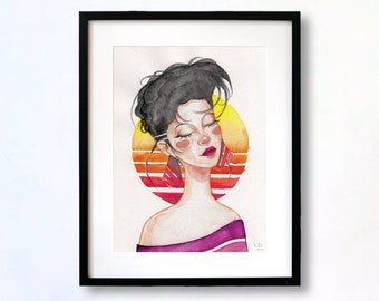 Retro Smile - fine art print | watercolor illustration | limited wall art | 80s poster | gift |  happy retro girl painting LA sunset summer
