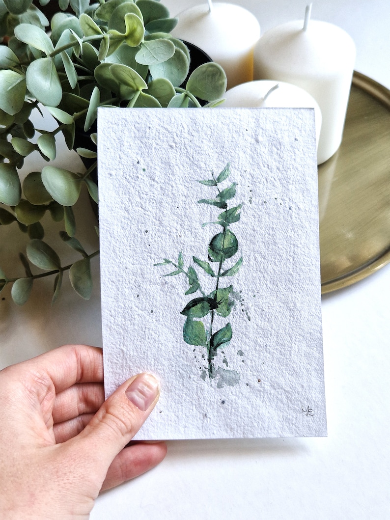 5 Botanical Postcards on Flower Seed Paper Handpainted Watercolor Illustration Print eco-friendly Flower Poppy Eucalyptus Cotton image 3