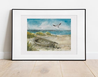 Boat on the Beach - Hand Painted Watercolor Painting | Fine Art Print | Sea gift maritime beach landscape painting coast wooden boats