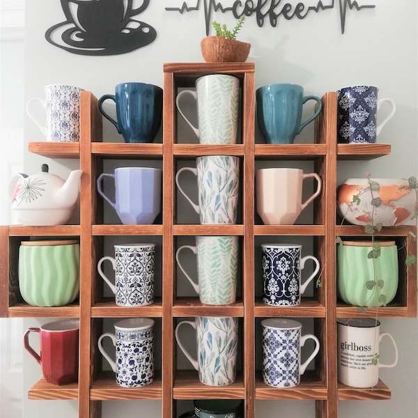 Scaffale in legno dalla forma speciale, portaoggetti per tazze da tè e caffè, portabicchieri da tè montato a parete, scaffale da cucina Cubby, bar, scaffali da bagno
