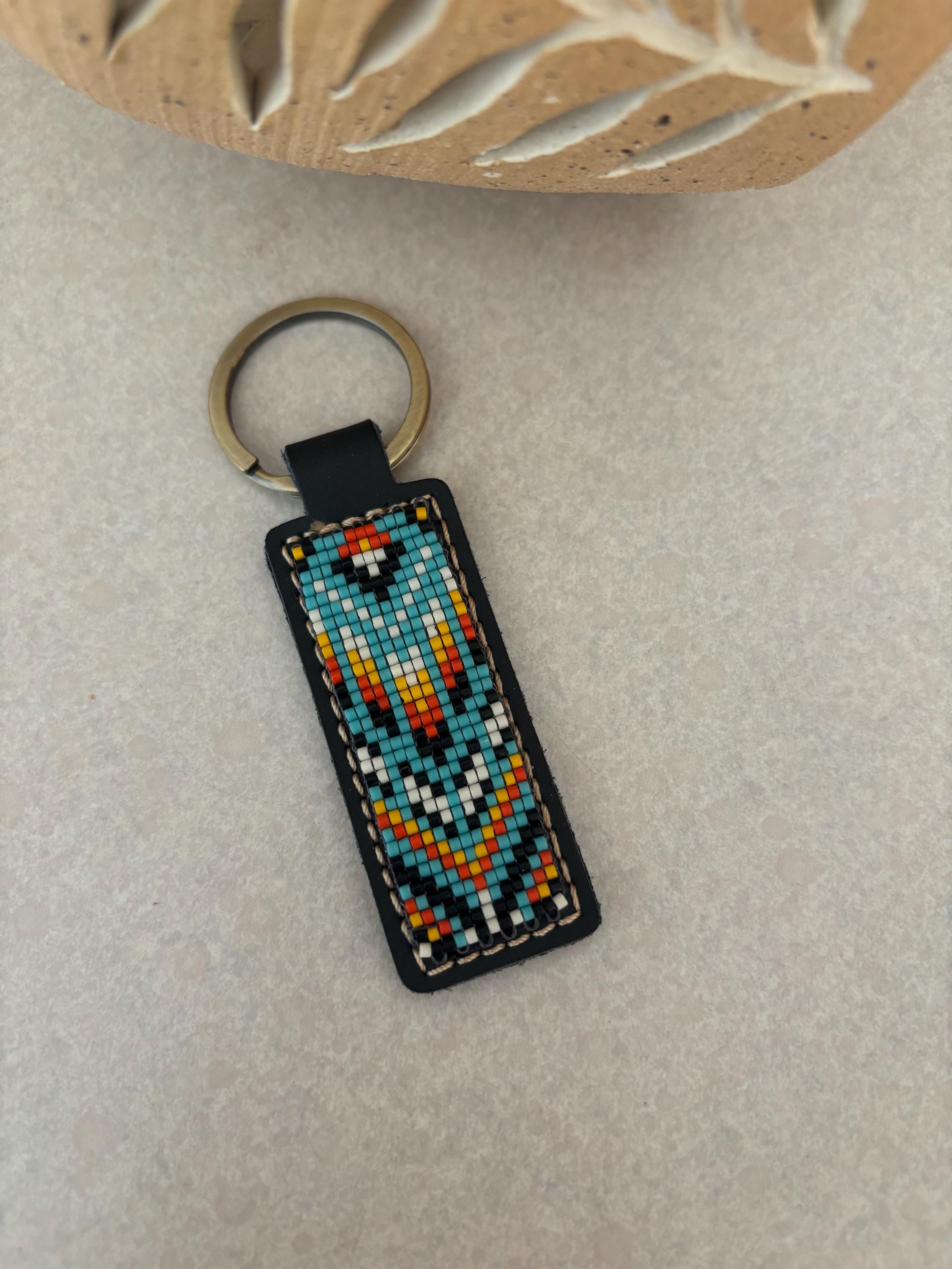 Artisan Dark Brown Leather Keychain: Loom Beaded- Feathered Arrow