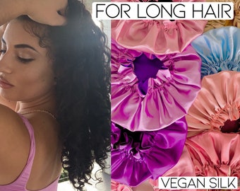 FOR LONG HAIR: Vegan Silk Sleep Bonnet Adjustable, Reversible & Double-Lined | Turban Sleep Cap for Curly Hair | Night Hair Care Sleep Wrap