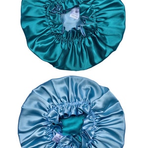FOR LONG HAIR: Vegan Silk Sleep Bonnet Adjustable, Reversible & Double-Lined Turban Sleep Cap for Curly Hair Night Hair Care Sleep Wrap Teal/Sky Blue