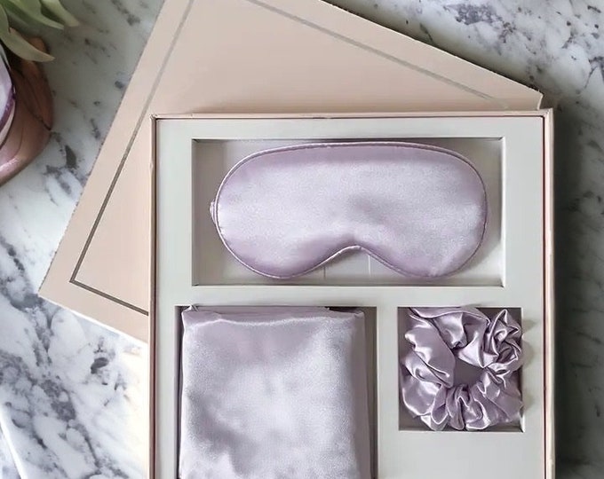 Vegan Silk Pillowcase Self Care Gift Box w/ Eye Mask & Scrunchie | Gifts for Women | Birthday Gift | Gift | Get Well Soon Gift | Female Gift