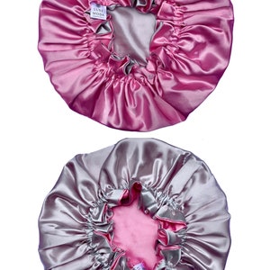 Vegan Silk Bonnet: Adjustable, Reversible & Double-Lined Turban Sleep Cap for Curly Hair Night Hair Care Hair Wrap Barbie Pink/Silver