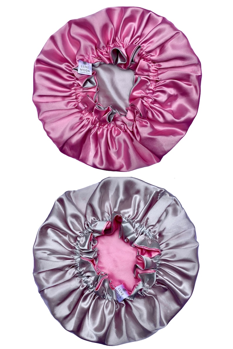 Vegan Silk Bonnet: Adjustable, Reversible & Double-Lined Turban Sleep Cap for Curly Hair Night Hair Care Hair Wrap Barbie Pink/Silver