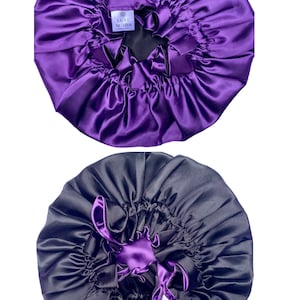 POUR CHEVEUX ÉPAIS Bonnet végétalien en soie : réglable, réversible et doublé Bonnet de nuit turban pour cheveux bouclés Enveloppement capillaire soin de nuit Violet/Black