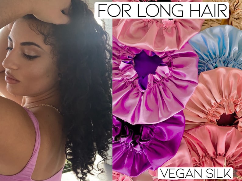 FOR LONG HAIR: Vegan Silk Sleep Bonnet Adjustable, Reversible & Double-Lined Turban Sleep Cap for Curly Hair Night Hair Care Sleep Wrap zdjęcie 1