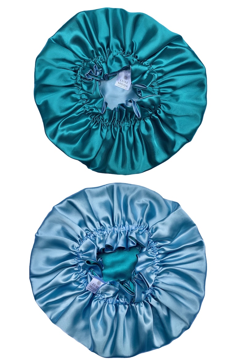 FOR THICK HAIR Vegan Silk Bonnet: Adjustable, Reversible & Double-Lined Turban Sleep Cap for Curly Hair Night Hair Care Hair Wrap Teal/Sky Blue
