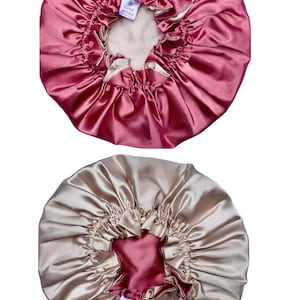 Vegan Silk Sleep Bonnet: Adjustable, Reversible & Double-Lined Turban Sleep Cap for Curly Hair Night Hair Care Hair Wrap Rose Gold/Champagne