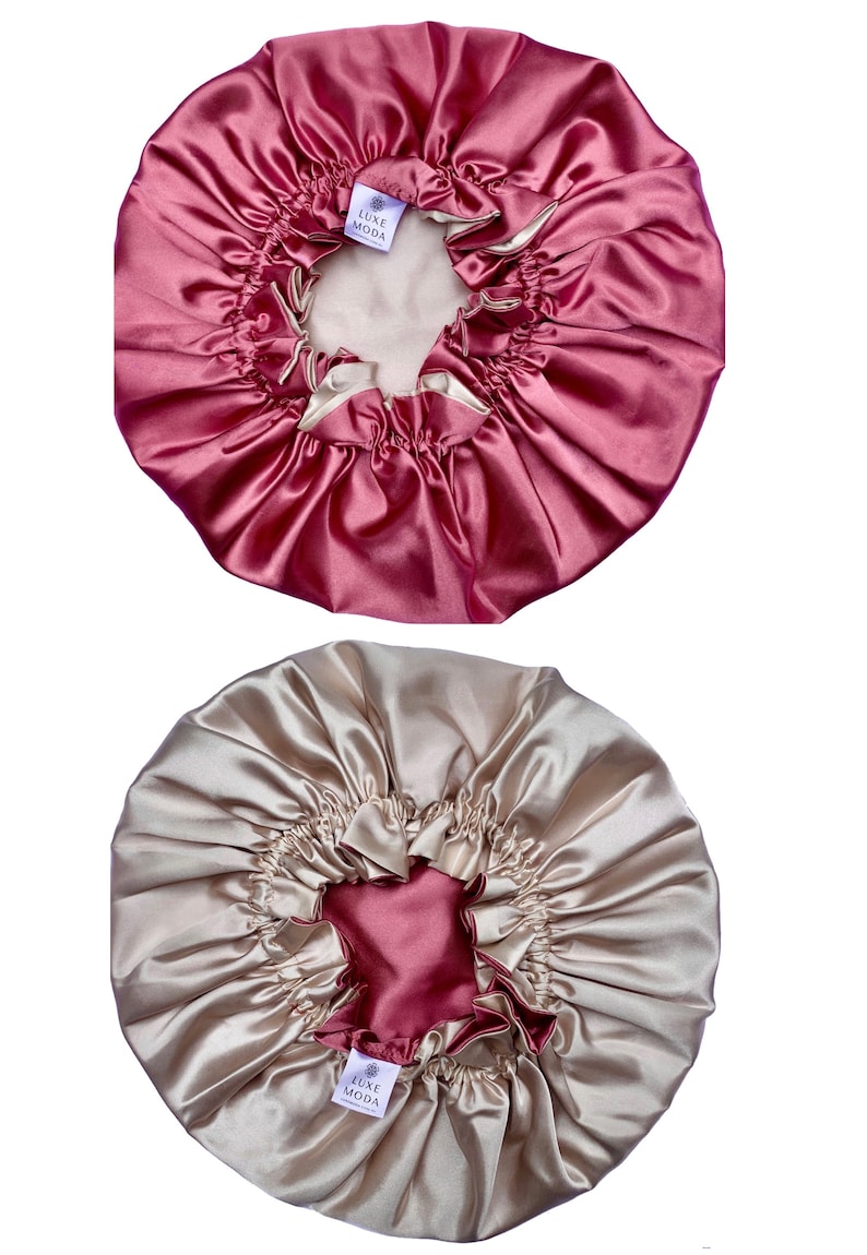Vegan Silk Sleep Bonnet: Adjustable, Reversible & Double-Lined Turban Sleep Cap for Curly Hair Night Hair Care Hair Wrap Rose Gold/Champagne