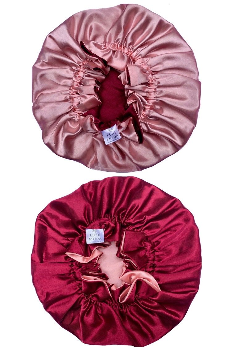 POUR CHEVEUX ÉPAIS Bonnet végétalien en soie : réglable, réversible et doublé Bonnet de nuit turban pour cheveux bouclés Enveloppement capillaire soin de nuit Wine Red/Peachy Pink