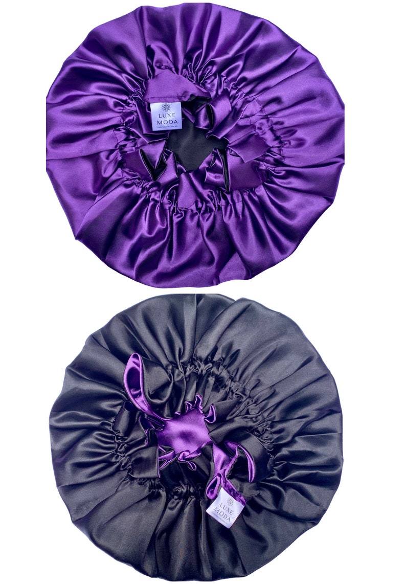 FOR LONG HAIR: Vegan Silk Sleep Bonnet Adjustable, Reversible & Double-Lined Turban Sleep Cap for Curly Hair Night Hair Care Sleep Wrap Violet/Black
