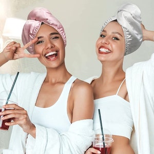 Reversible Microfibre & Vegan Silk Hair Drying Towel | Microfiber Hair Drying Turban | Reversible Vegan Silk Hair Wrap Towel | Curl Plopping