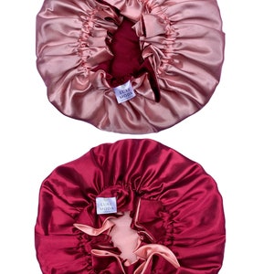 FOR LONG HAIR: Vegan Silk Sleep Bonnet Adjustable, Reversible & Double-Lined Turban Sleep Cap for Curly Hair Night Hair Care Sleep Wrap Wine Red/Peachy Pink