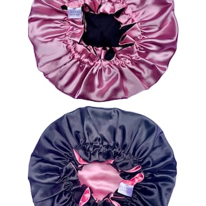 POUR CHEVEUX ÉPAIS Bonnet végétalien en soie : réglable, réversible et doublé Bonnet de nuit turban pour cheveux bouclés Enveloppement capillaire soin de nuit Candy Pink/Black