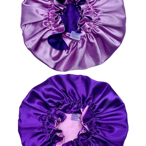 FOR LONG HAIR: Vegan Silk Sleep Bonnet Adjustable, Reversible & Double-Lined Turban Sleep Cap for Curly Hair Night Hair Care Sleep Wrap Lilac/Violet